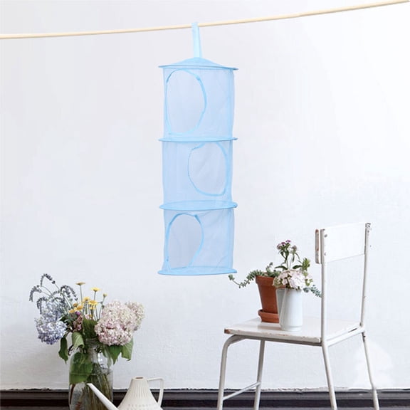 CIMAXIC Blue Hanging Storage Net for Clothes with 3 Layer Compartments