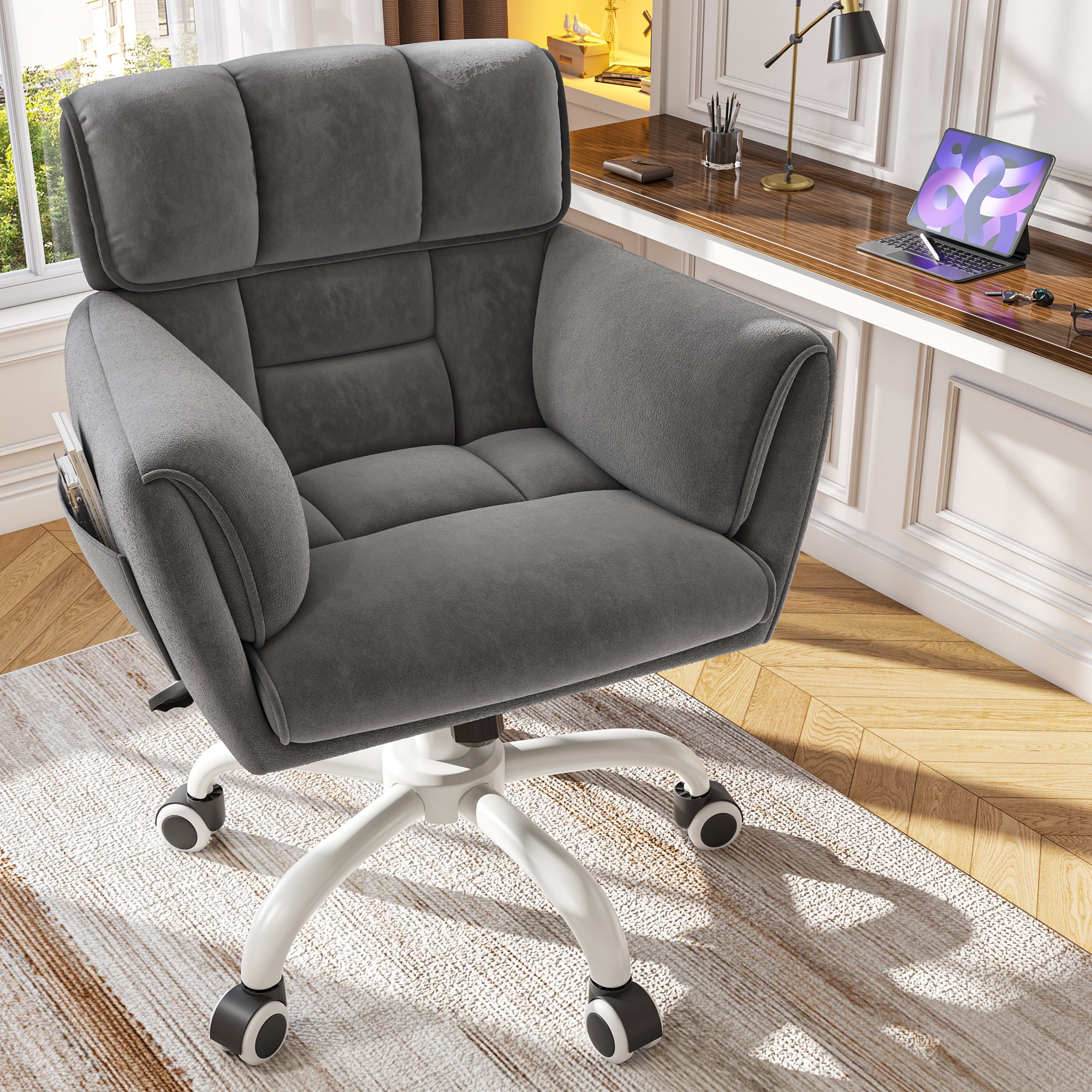Romorgniz Adjustable Office Chair with Wheels, Soft-Touch Upholstered Desk Chair with Side Pockets, Ergonomic Vanity Chair for Bedroom, Home Office, Grey
