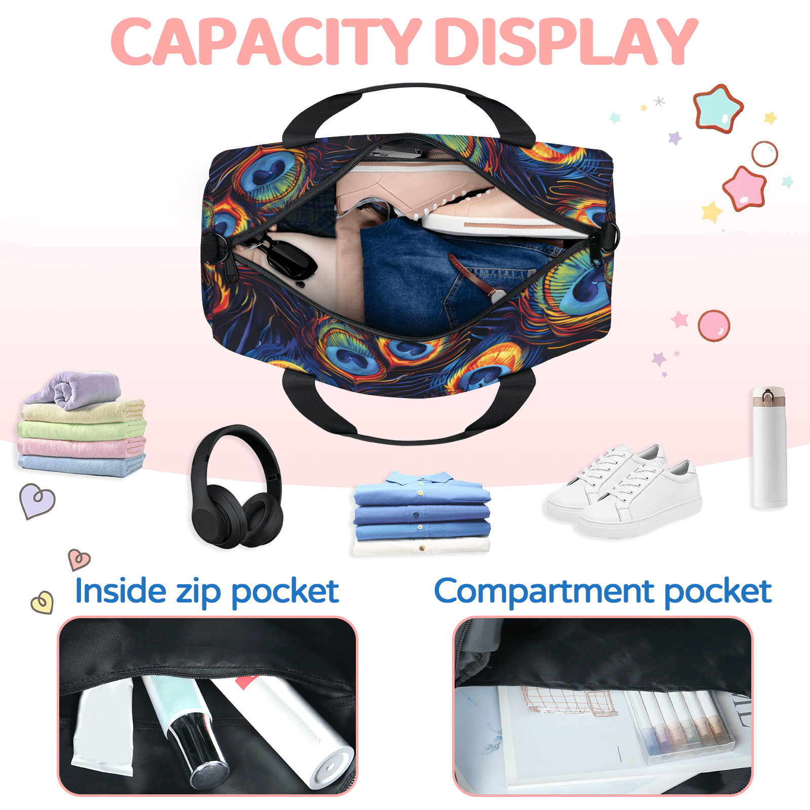 Herdesigns Wild Animal Peacock Feather Gym Bag for Women, Duffle Bag for Travel Sport, Lightweight Waterproof Carry on Weekender Dance Yoga Workout Bags