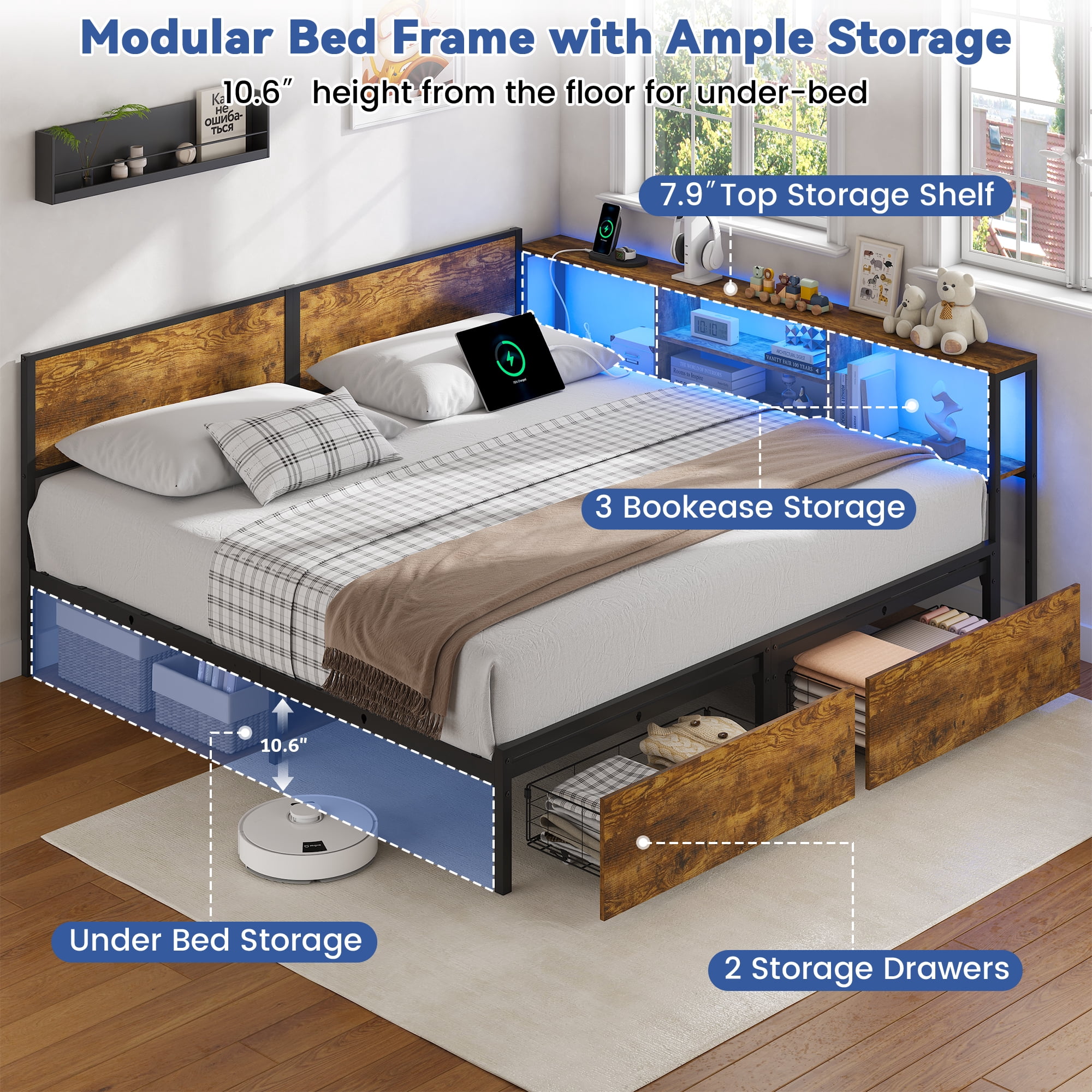 Miniyam King Size Bed Frame with Storage, 2-in-1 Convertible Twin Beds, LED & Charging Station, Brown