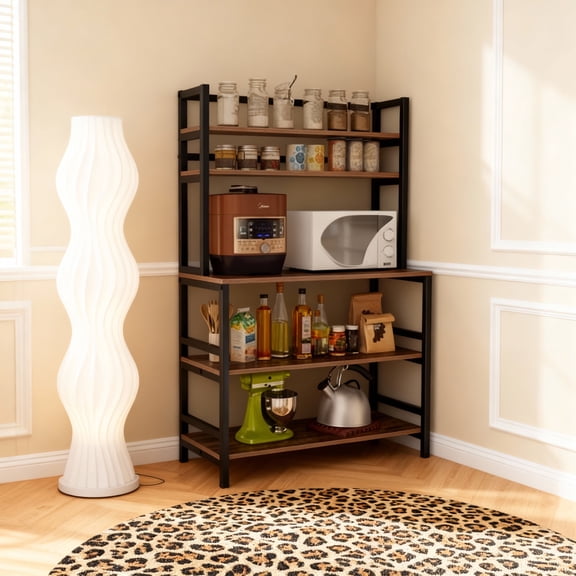KIOOTTO 32" Aged Bourbon Executive Baker's Rack 5-Tier Grand-Scale Kitchen Command Tower with Integrated Appliance Hub and Reinforced Forge Iron Chassis
