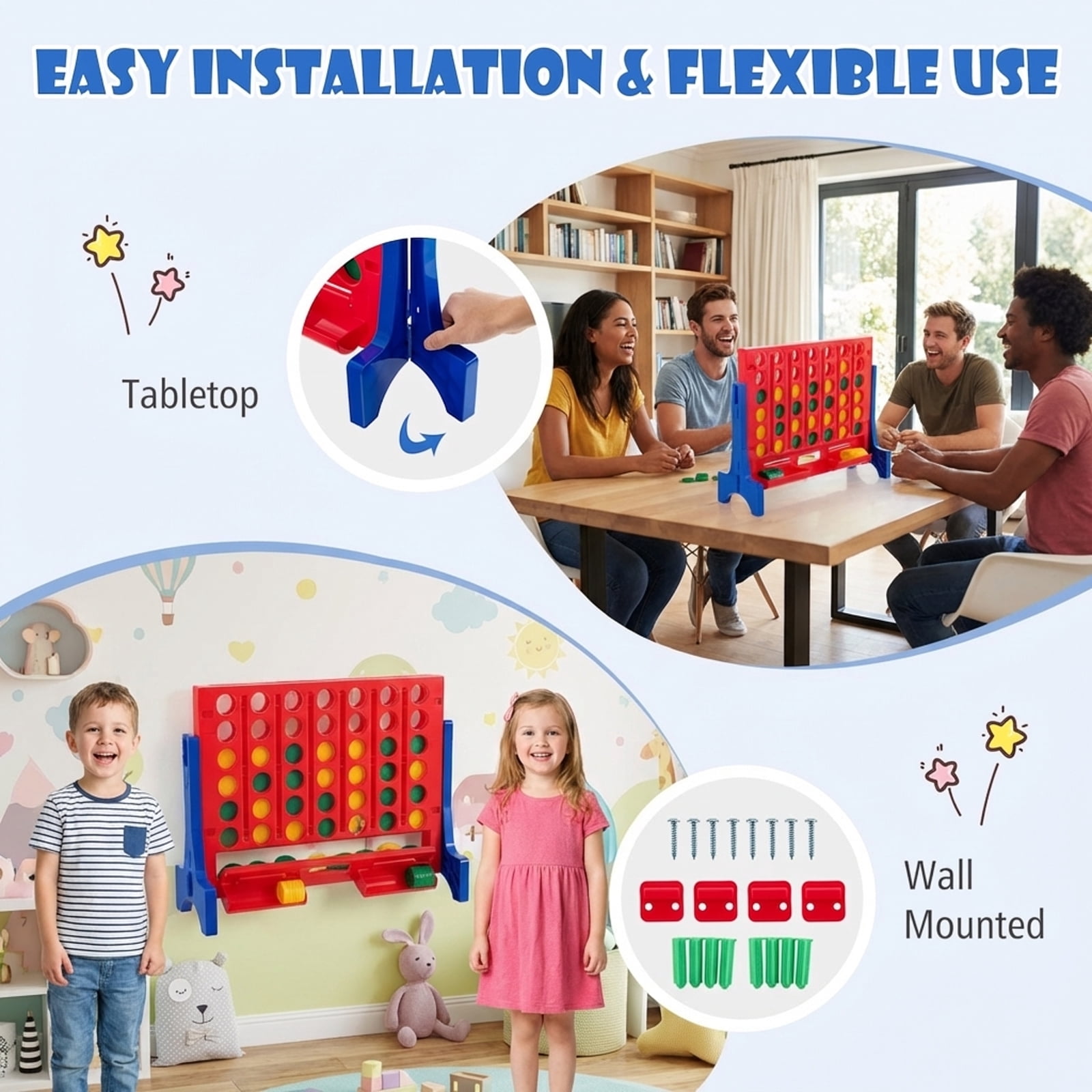 Redsmile Jumbo 4-to-Score Connect Game Set with Carrying Bag and 42 Coins in Blue - Family Game Night Entertainment for All Ages Indoor Outdoor Yard Party Fun