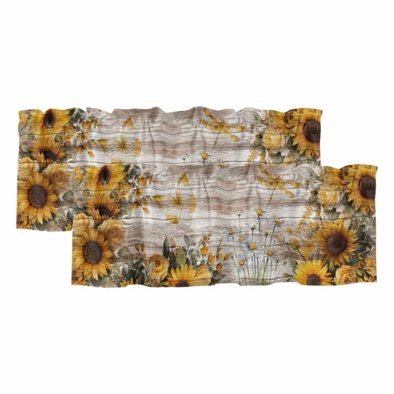 2 Pack Farmhouse Sunflower Valances for Windows Bedroom Living Room Window Treatments, Vintage Daisy Butterflies Rustic Wood Rod Pocket Valance Drapes Short Kitchen Curtains Over Sink 60"x18"