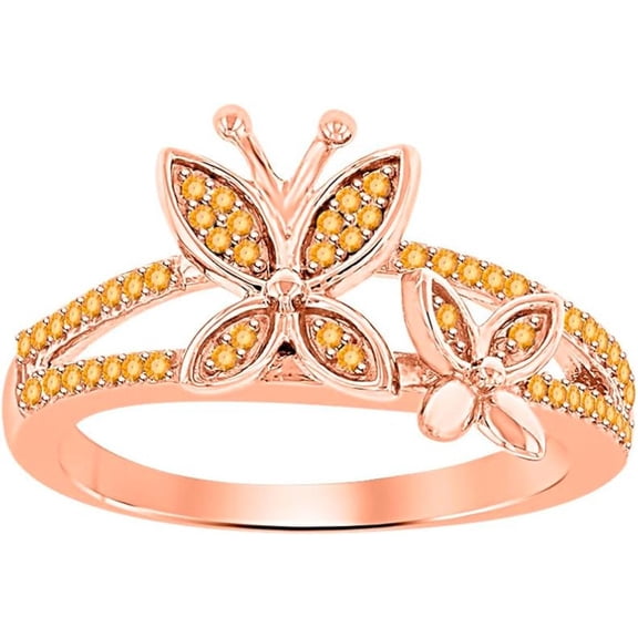 925 Sterling Silver 14K Rose Gold Plating Round Cut Gemstone Citrine Butterfly Engagement Ring For Women