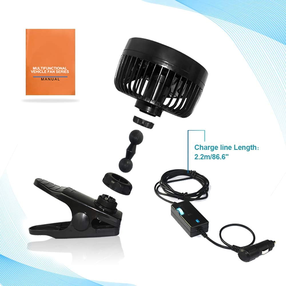 Yerloa 6‘’ 12V Car Fan Auto Cooling Fan Vehicle Clip Fans, Low Noise 360 Degree Rotating Step-less Speed Car Fans with Adjustable Clip & Cigarette Lighter Plug for Vehicle Truck RV SUV Boat-2026 NEW