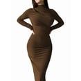 thumbnail image 3 of Women'S Fall Long Sleeve Bodycon Maxi Dresses Ruched Crew Neck Slim Fit Cocktail Party Dress Coffee Color L, 3 of 7