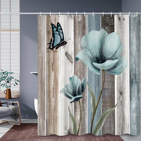 SUNOLIFE Teal Floral Shower Curtain Farmhouse Wood Board Waterproof Shower Curtain with Hooks , 72x72 in