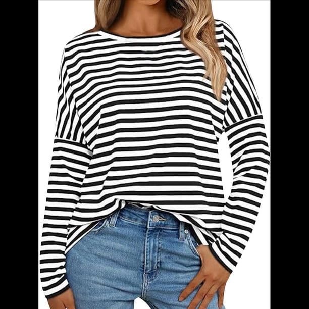 Camisas de Larga para Mujer, Blusas de Rayas con Bloques de Color, Ropa de Moda de Otoño, Blusas con Cuello Redondo y Negro XL