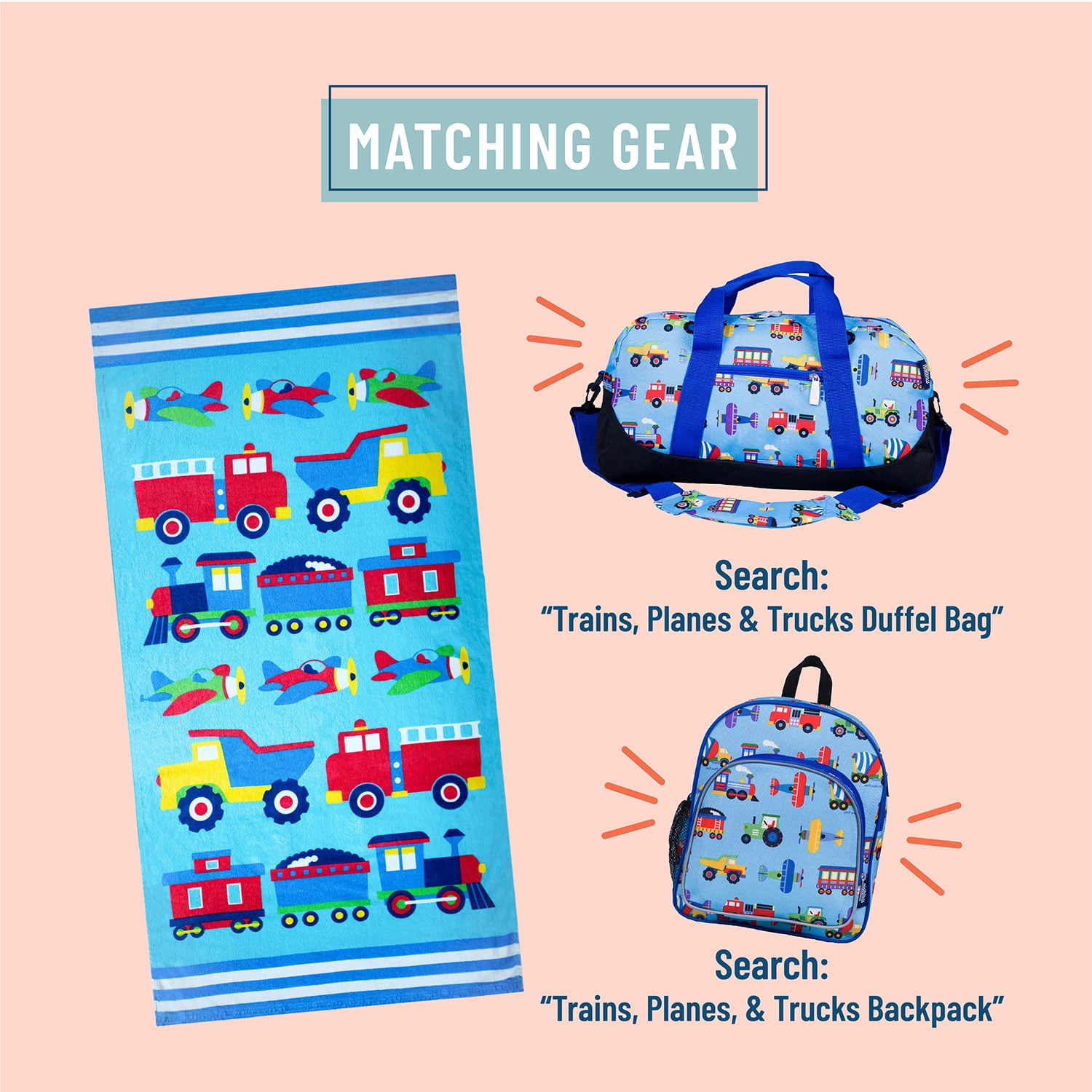 Wildkin Kids 100% Cotton Beach Towel for Boys and Girls (Trains, Planes & Trucks Blue)