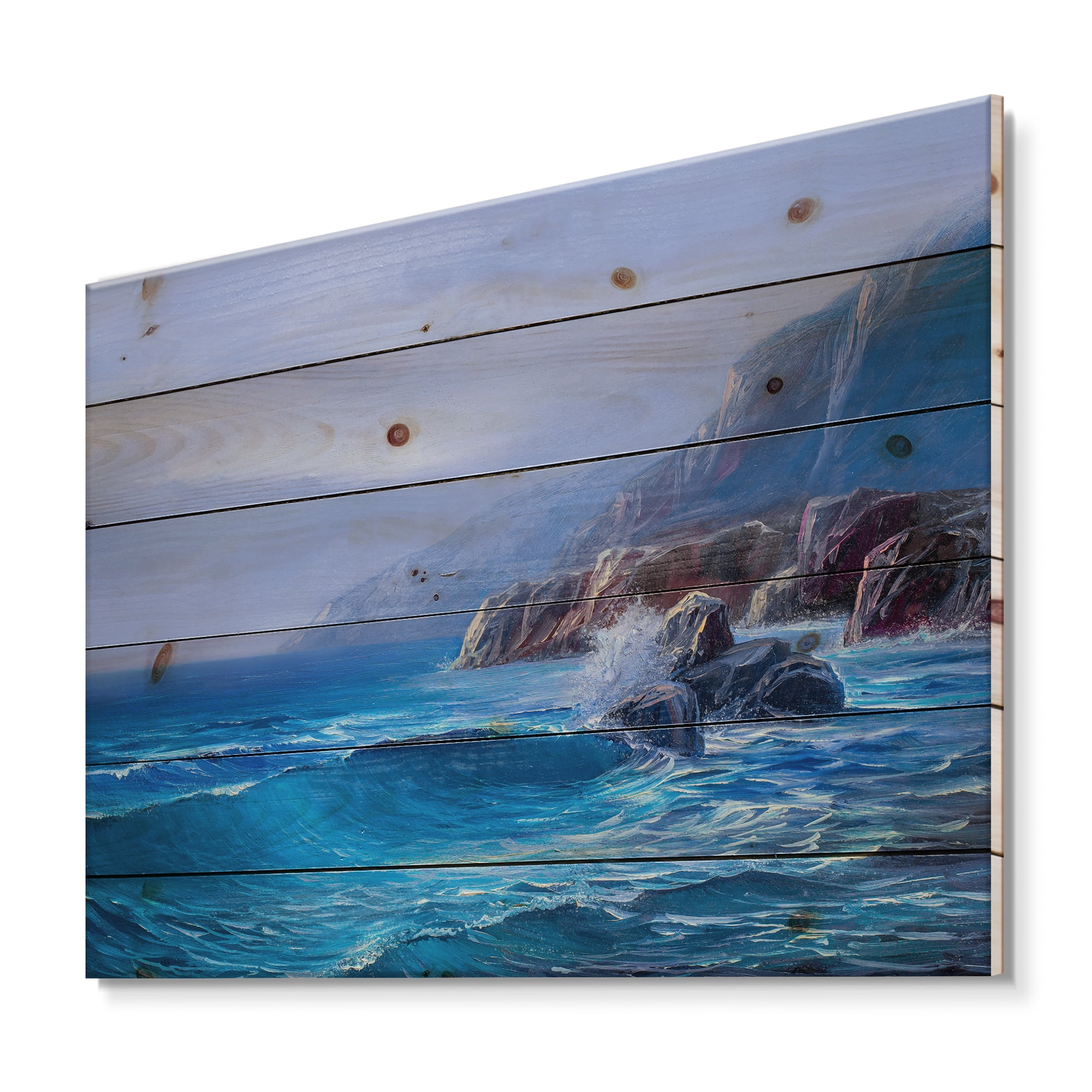 Designart 'Sunrise Glow On Sea Wave Paints On A Canvas' Nautical & Coastal Print on Natural Pine Wood