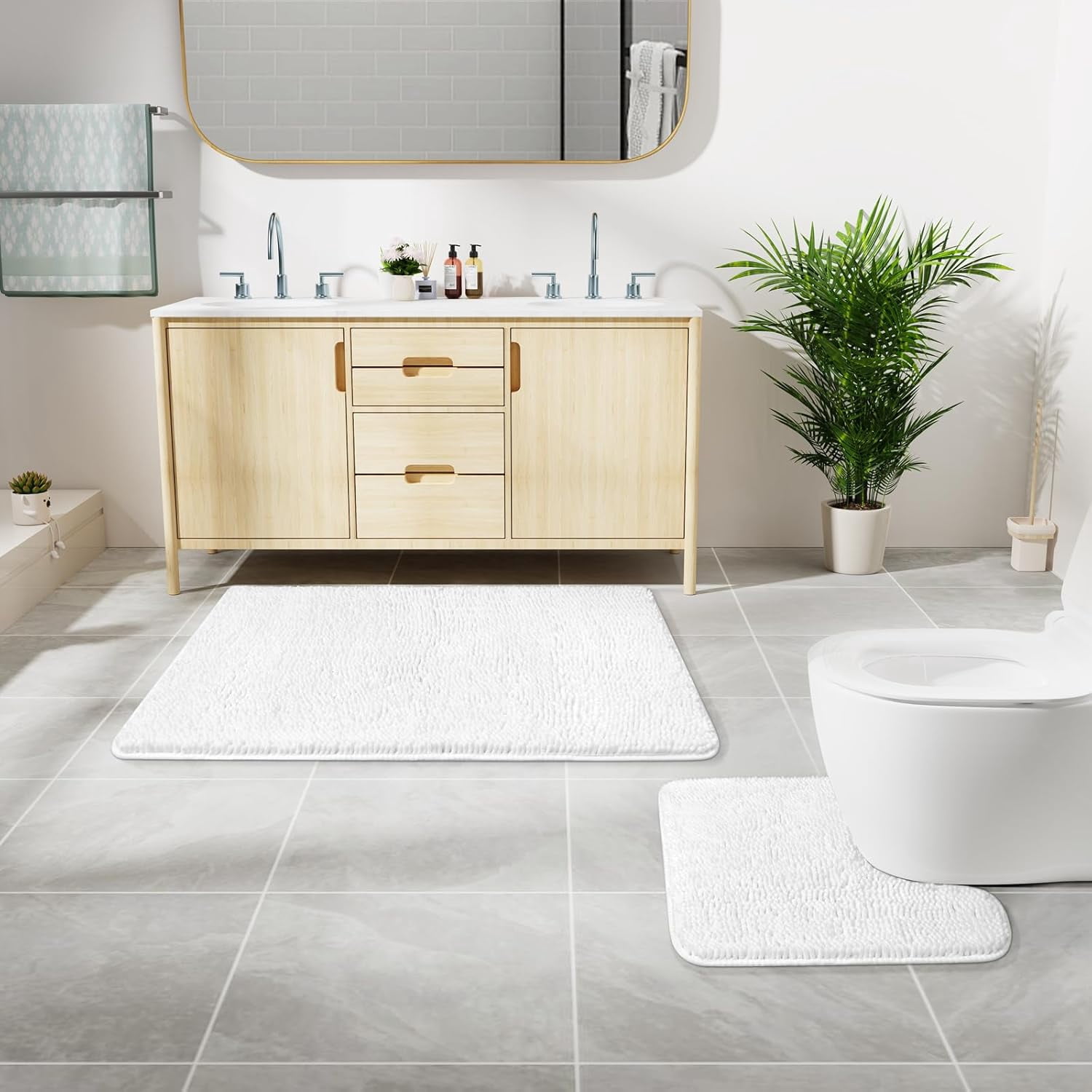 Homore Bathroom Rugs Sets, Luxury Bath Mat Set Anti-Slip Chenille Bath Rug and U-Shaped Toilet Mat White