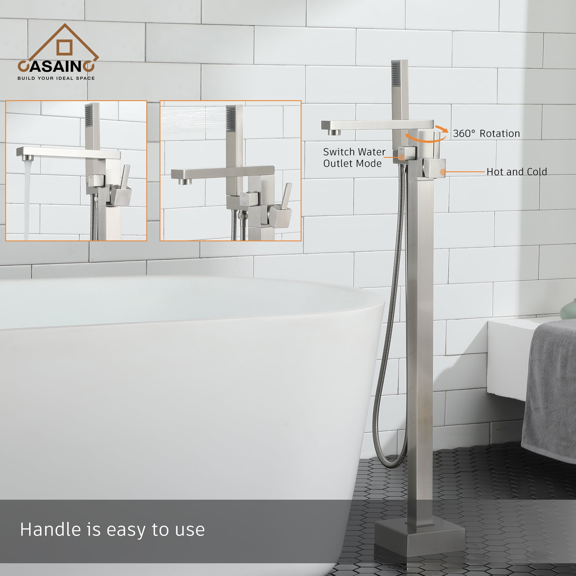 Casainc Freestanding Bathtub Faucet Swivel Spout Floor Mount with Handheld Shower Brushed Nickel A