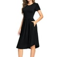 thumbnail image 3 of MLANM Women Short Sleeve Polka Dot Midi Casual Swing Pleated Empire Waist Dress with Pockets, L Plain Black, 3 of 7