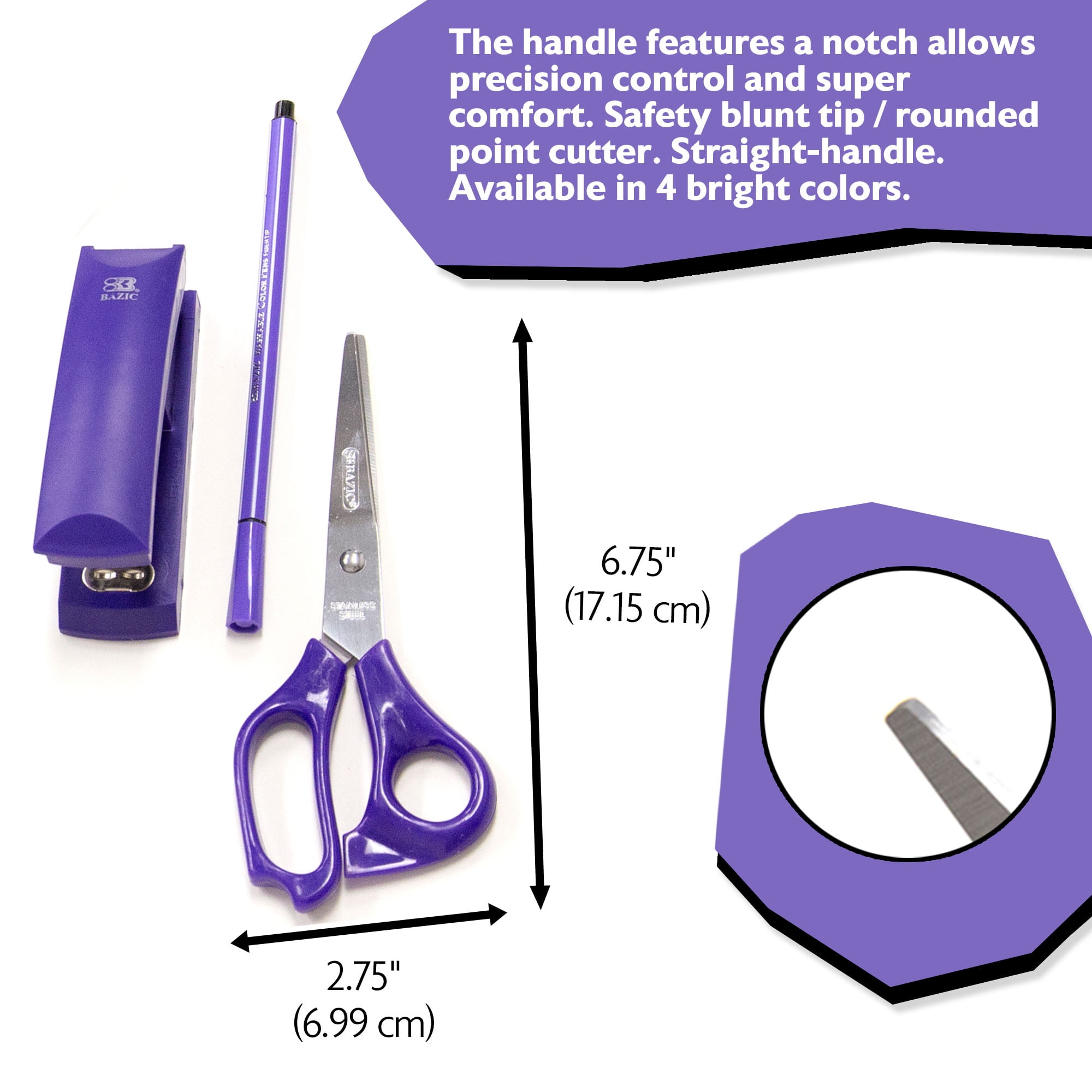 BAZIC 7" Stainless Steel Scissors, Straight Handle, Assorted Color, 24-Pack