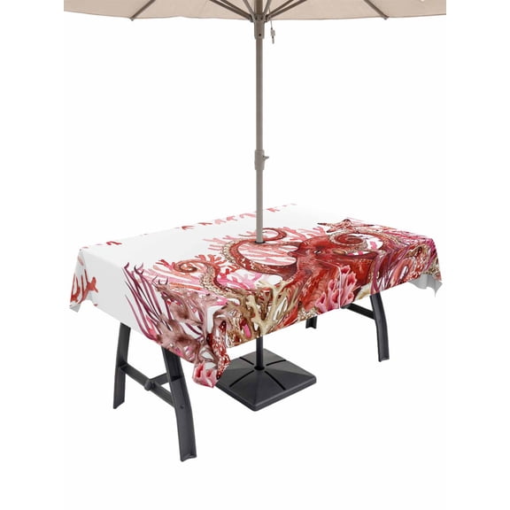 Outdoor Tablecloth with Umbrella Hole for Patio/Picnic/Party/Camping, Ocean Red Octopus Waterproof Table Cloth Rectangle Table Cover Washable, Coastal Coral Beach Nautical Starfish (60"x 84")