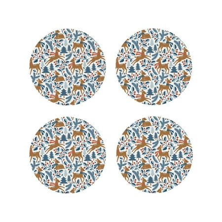 

KLL Drink Coasters Set Round Shape of 4 PU Leather Absorbent Coasters Set Decorative Coffee Cup Coasters Housewarming Gift for Home Decor-winter Scarf deer