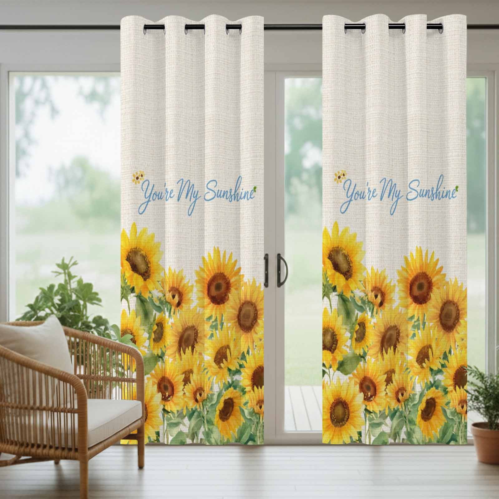 Summer Flowers Outdoor Curtains for Patio, Watercolor Sunflower Letter Print Green Leaf Waterproof Outside Curtains Privacy Blackout Curtain for Porch Pergola Cabana, 1 Panel 54W x 95L Inch