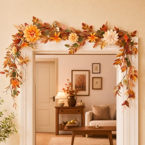 Fall Artificial Maple Leaf Garland, 6.56FT Autumn Hanging Vine with Dahlia Flowers Eucalyptus, Thanksgiving Decor For Mantel Wall Door