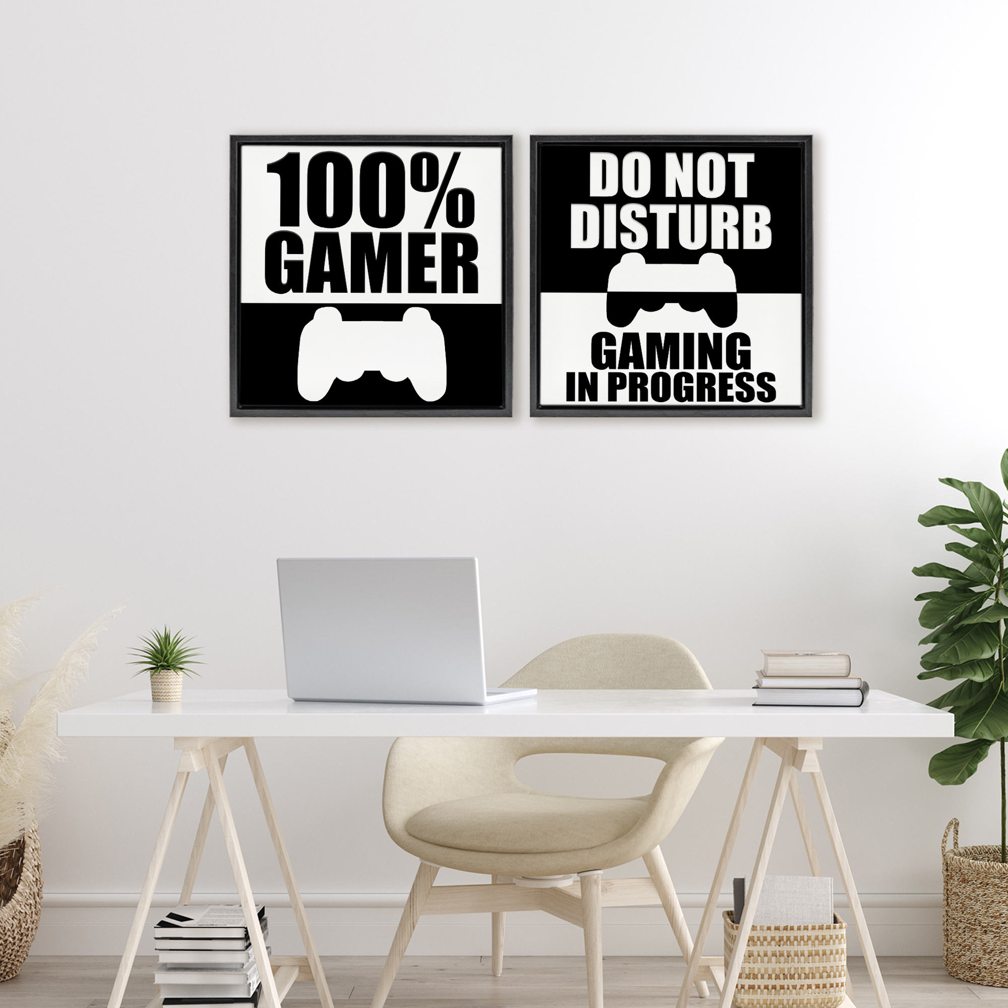Competitive Gamer Black & White 2 Piece Black Framed Floater Canvas Set, design by Kim Allen