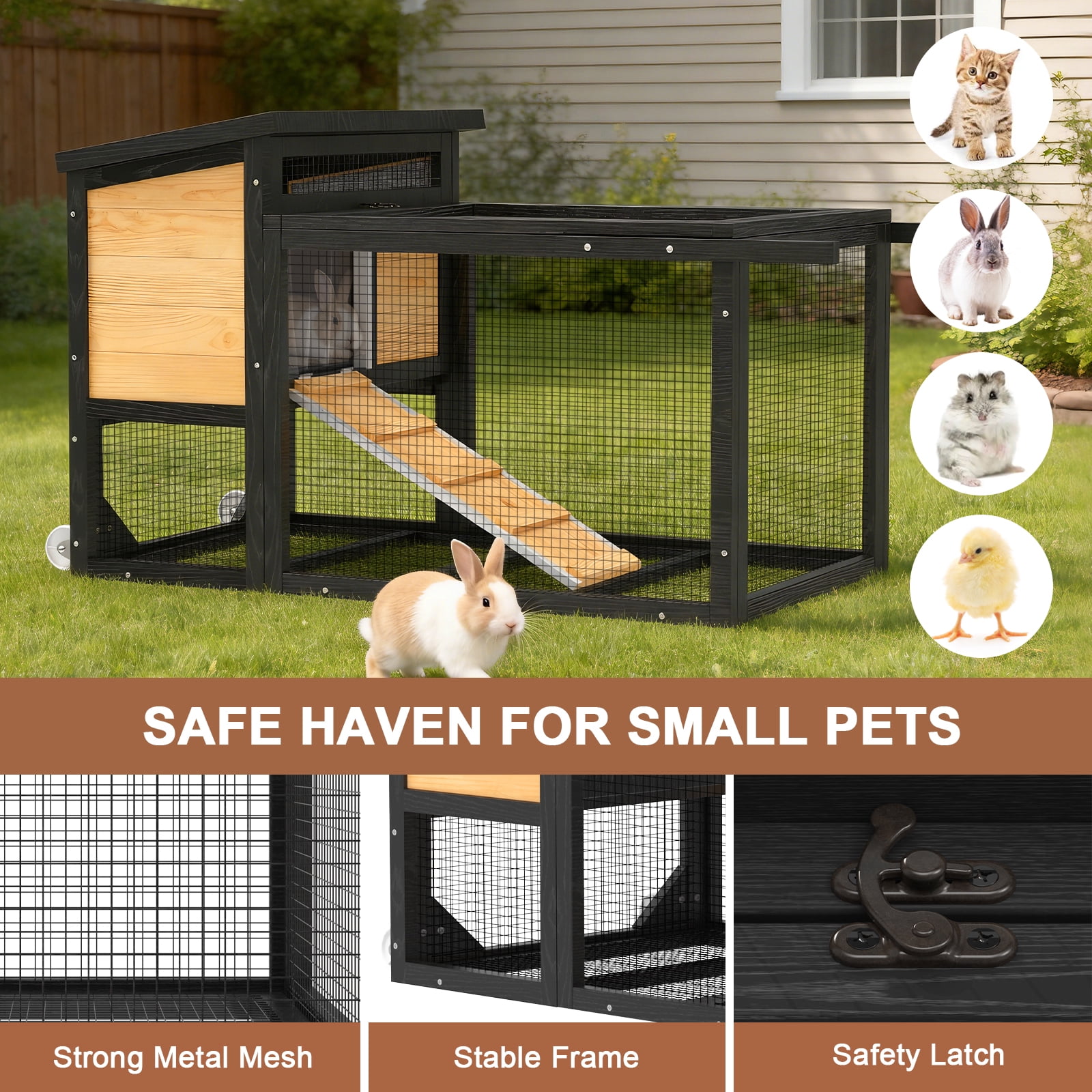 TIMHAKA 2-Story Rabbit Hutch, Wooden Bunny Cage w/ Chew-Proof Ramp & Wheels & Pull-Out Tray for Rabbits & Small Animals, Black & Yellow