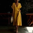 thumbnail image 2 of LNWUY Women's V Neck Linen Maxi Dress with Lace Trim Short Sleeve Solid Color Loose Pocket Long Dress Summer Casual Beach Dress Yellow M, 2 of 6