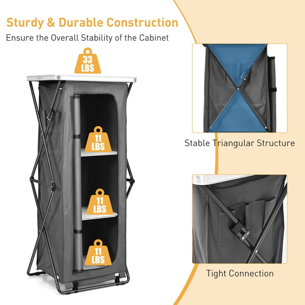 Aimee Lii Folding Camping Storage Cabinet with 3 Shelves and Carry Bag, Easy Set Up Portable Camping Kitchen, Gray-XL