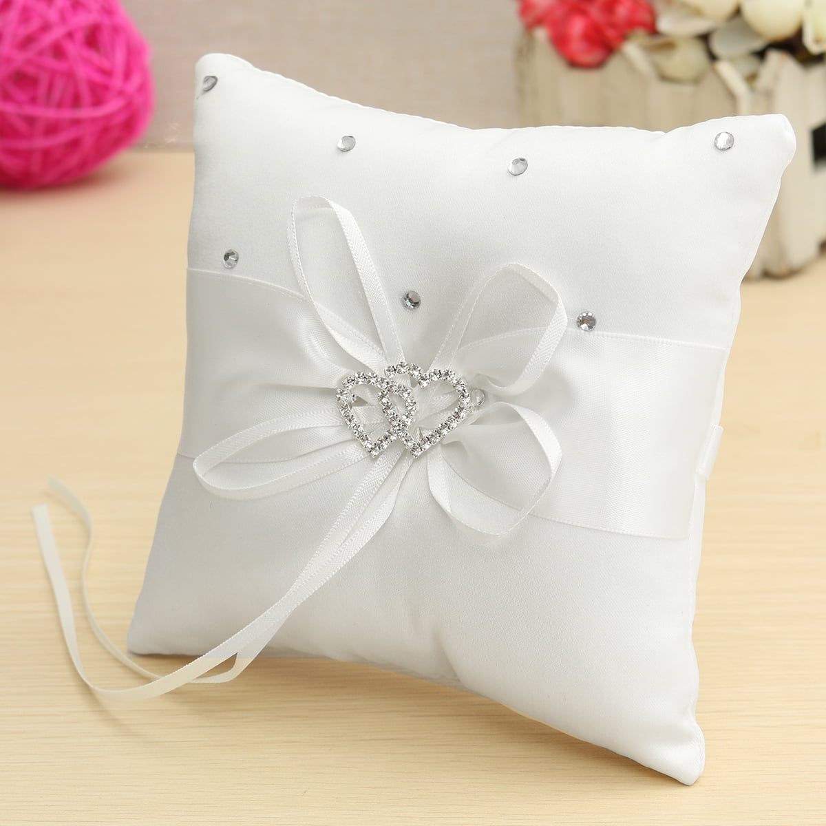 15x15cm Romantic Satin Ribbon Double Size Wedding Ring Pillow