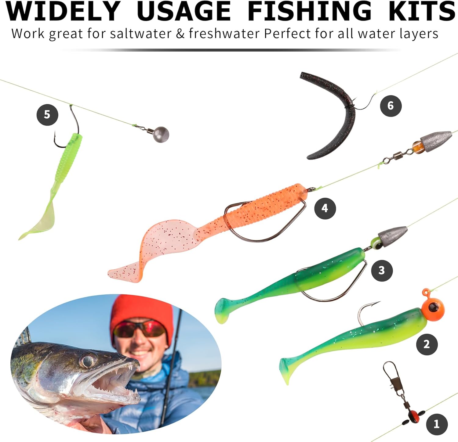 TRUSCEND Complete Fishing Accessories - Tackle Box with Tackle Included, Fishing Hooks, Jig Heads, Sinkers, Weights, Swivels, Snaps, Bobbers, Leaders - Fishing Gear Set for Bass Trout Panfish Walleye
