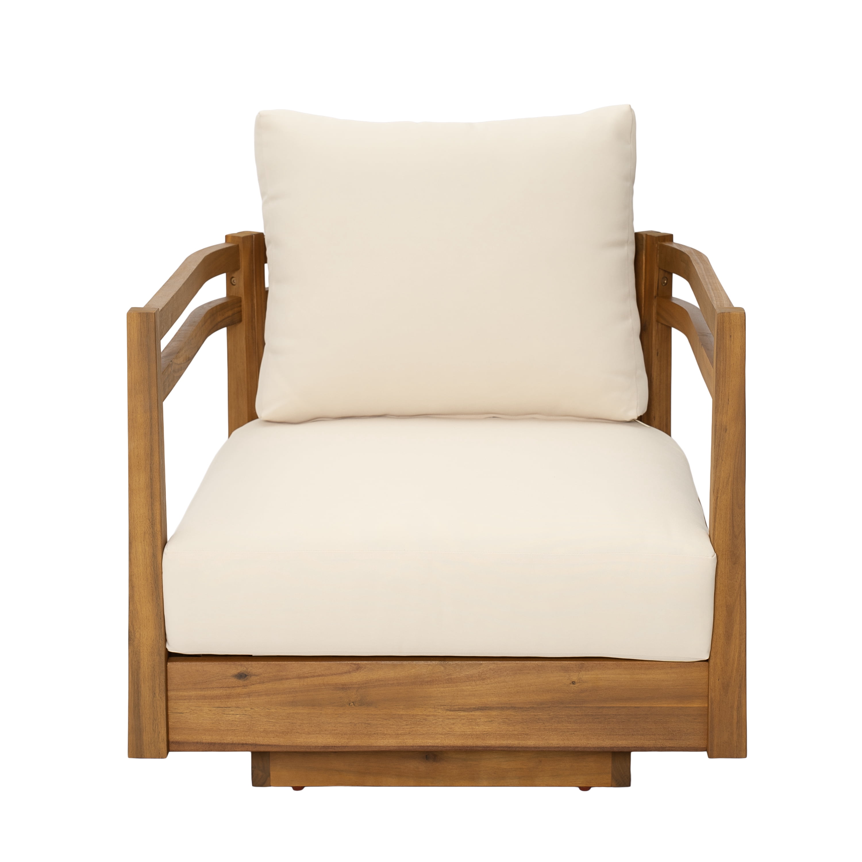 HOQBN Wood Outdoor Swivel Chair with Beige Cushions,All Weather-Resistant Fabric,Modern Open-Frame Armrests Outdoor Chair for Patio, Deck, Garden