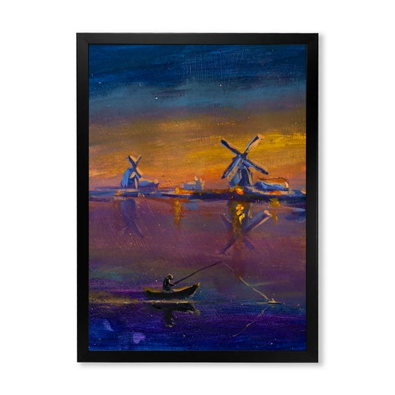 Designart 'Evening Fishing Near The Traditional Windmill' Nautical & Coastal Framed Art Print