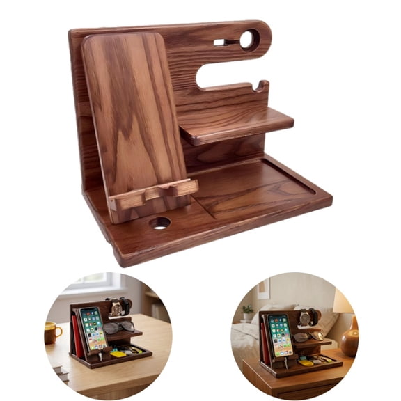 Wooden Valet Tray Nightstand Organizer, Solid Wood and Brass Phone Wallet Keys Watch Holder, Desktop Tabletop Home Decor, Gift Box Packaging