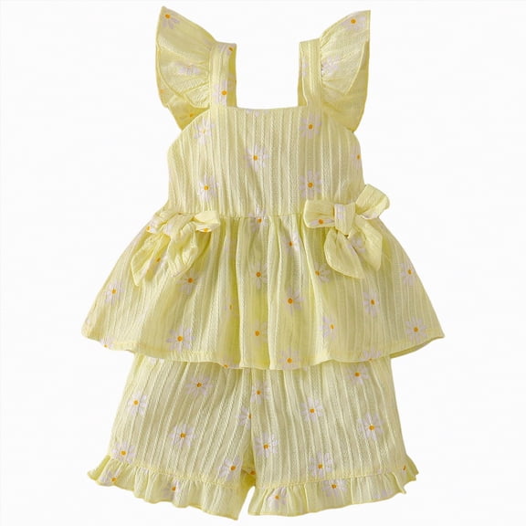 UAYOTSE Toddler Girl Clothes Baby Summer Spring Outfits Cute Bow Button Smocked Ruffle Sleeve Tops + Girls Shorts Set,Sizes 18-24 Months