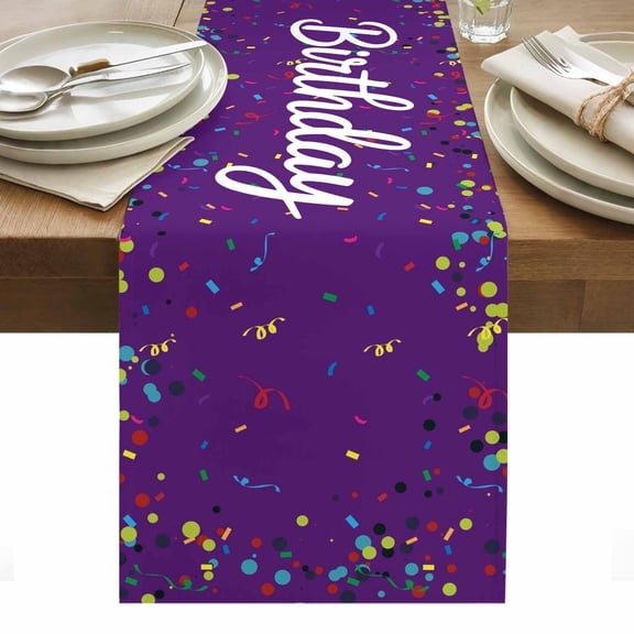 Violet Birthday Table Runner - 60 Inch Long, Kitchen Dining Table Runner Dresser Scarves, Colorful Confetti Ribbons Polka Dots Classroom Farmhouse Decor for Coffee Tables Wedding Party Banquet