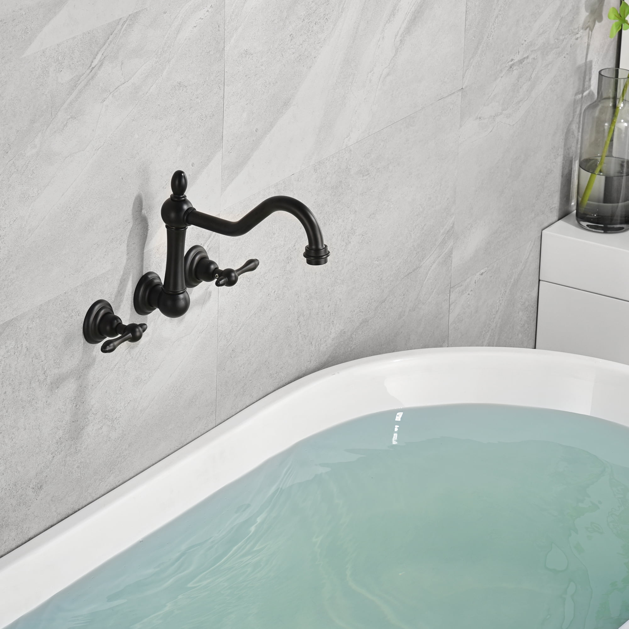 sumerain Black Tub Faucet Wall Mount Bathtub Filler Vintage Style 3 Holes 8 Inches Center