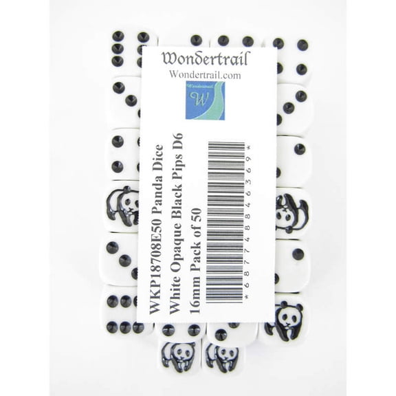 Panda Dice White Opaque with Black Pips D6 16mm (5/8in) Pack of 50 Wondertrail