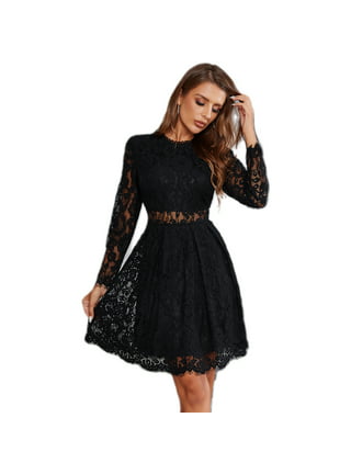 Knee Length Cocktail Dress in Black, Bohemian Party Lace Cocktail Dress  With Sleeves, Formal Organza Mini Evening Gown, Skater Skirt Dress -   Canada