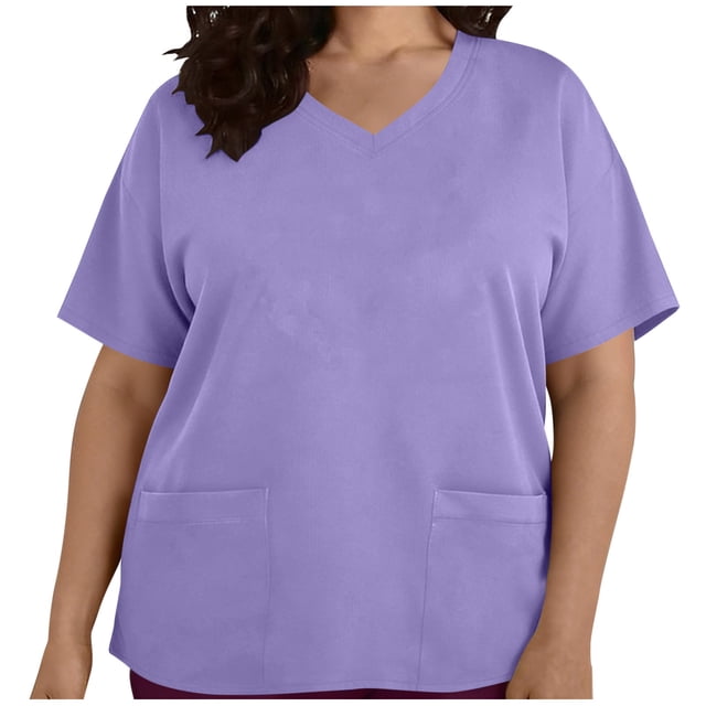 Hauts à Manches Courtes Grande Taille pour Femmes Col en V Poche T-Shirt de Travail Polyester Coupe Régulière 1 Pce
