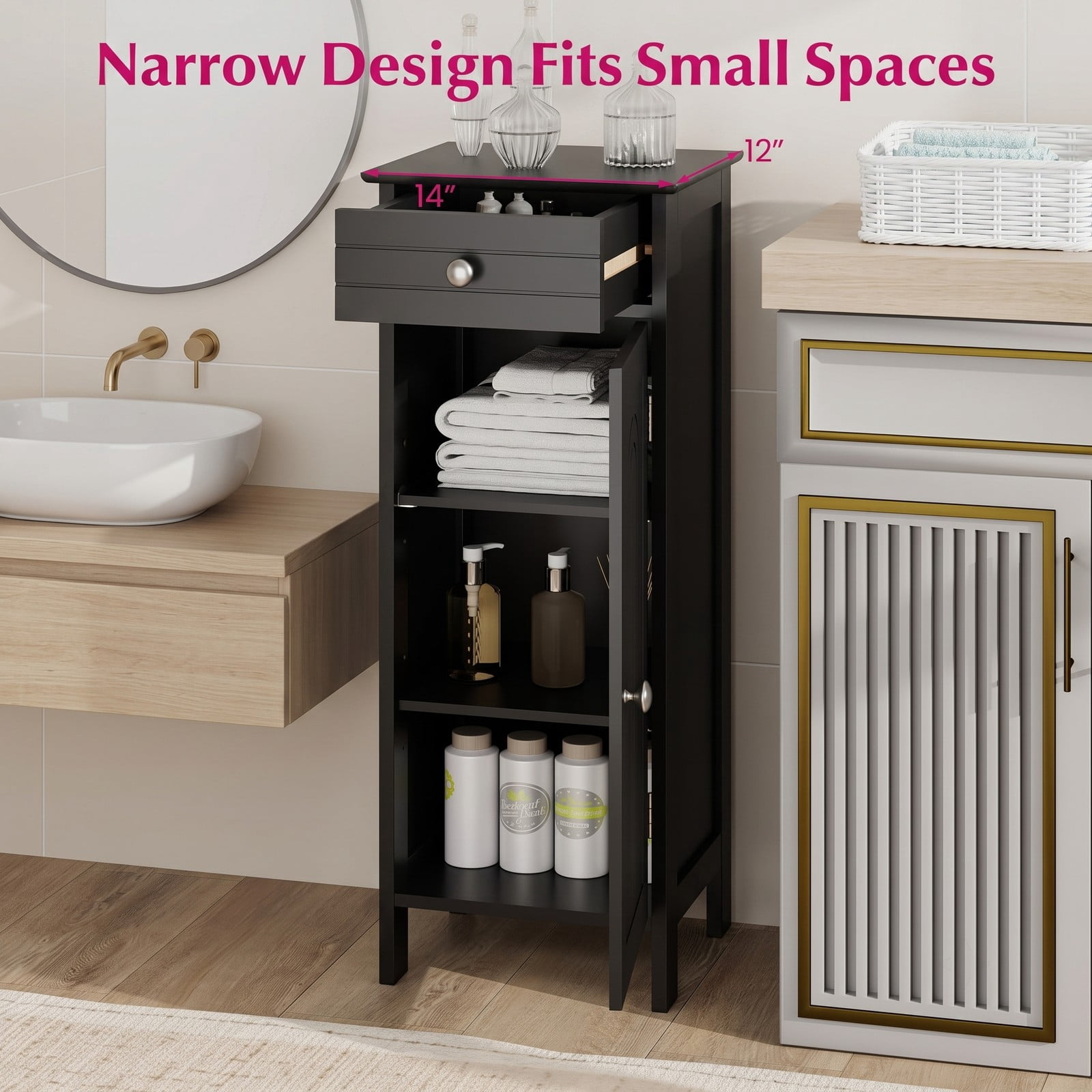 Fenbeli Free-Standing Wooden Storage Cabinet, Narrow Bathroom Floor Organizer with Drawer and 2 Adjustable Shelves, Slim Side Cabinet for Living Room Bedroom, Black