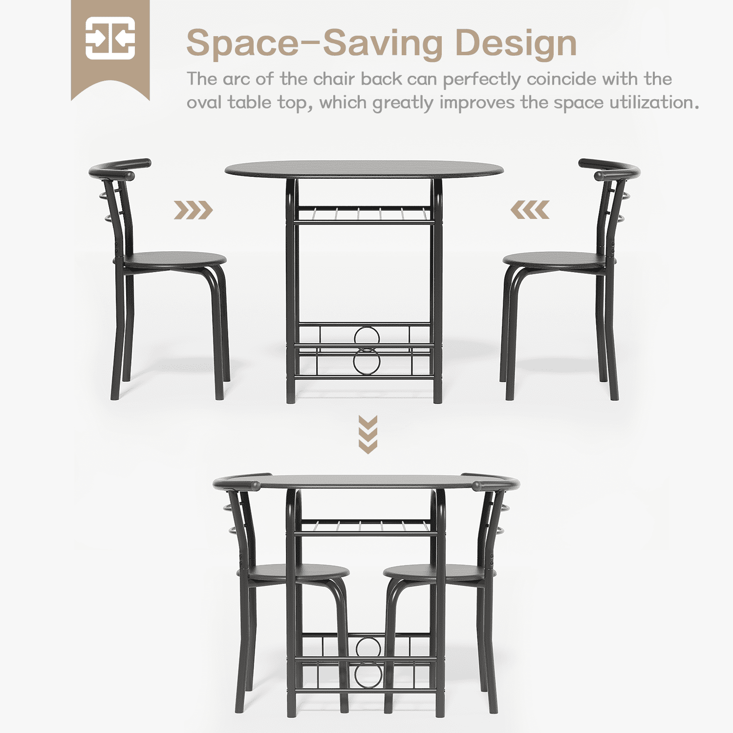 Vineego 3 Pieces Dining Set for 2 Small Kitchen Breakfast Table Set Space Saving Wooden Chairs and Table Set,Black
