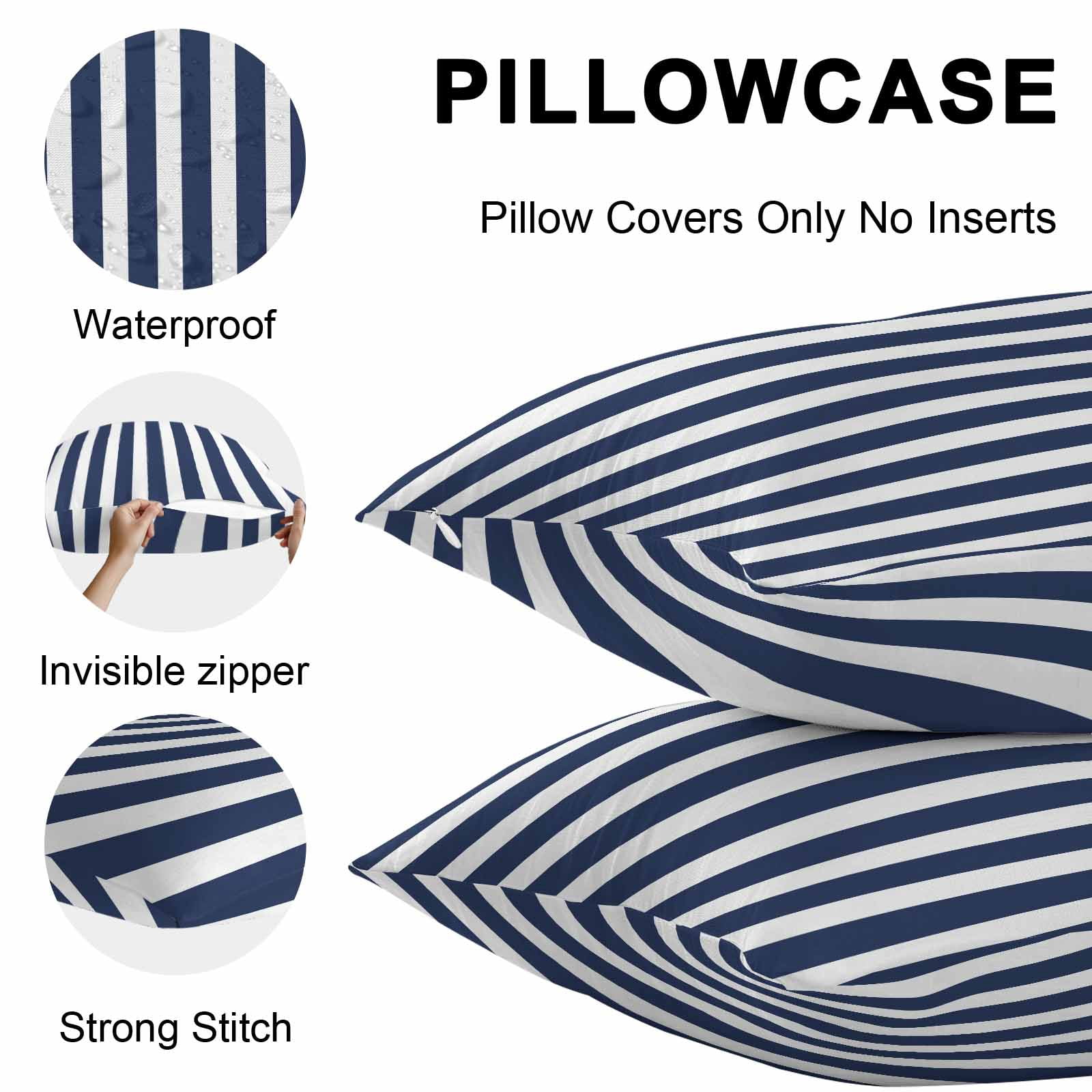 Throw Pillow Covers 24x24 Inch Set of 2, Navy Blue Striped Waterproof Outdoor Pillow Covers, Modern Farmhouse Blue White Stripes Decorative Cushion Pillowcases for Couch, Sofa, Bed, Garden, Patio