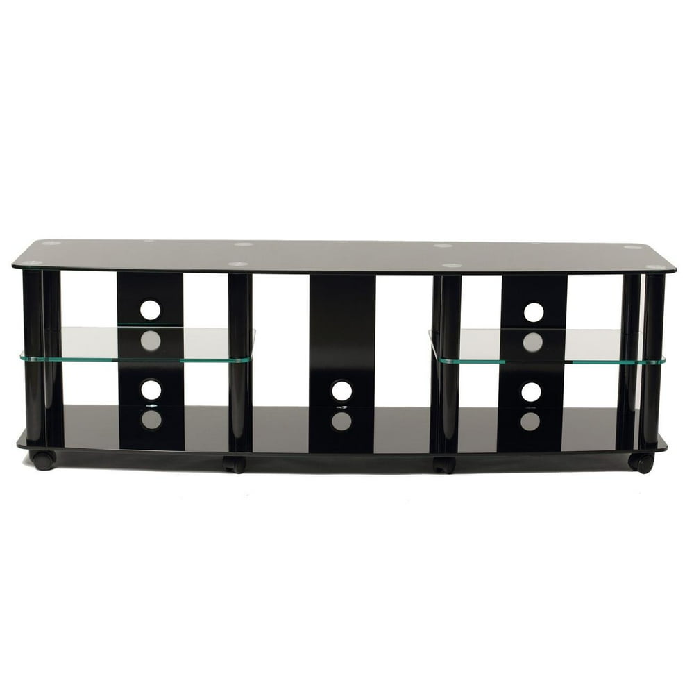 70" gloss black tempered glass TV stand with high gloss black finish metal poles