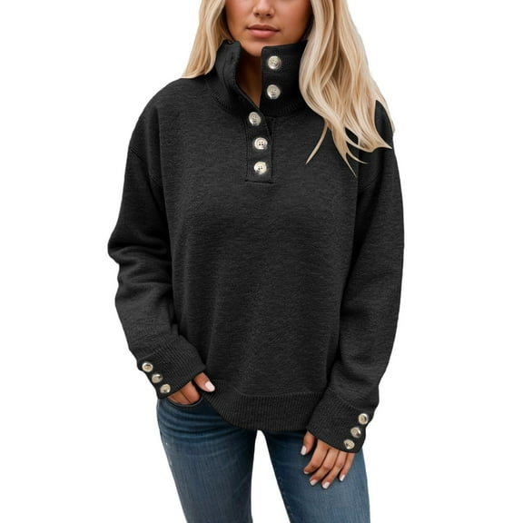Bibifish Womens Sweaters Soft Knit Long Sleeve Stand Collar Sweaters With Button Detail Oversized Cozy Fall Winter Workout Casual Pullover Tops