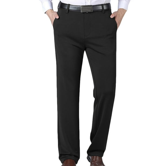 Fleece Lined Pants for Mens Straight Leg Casual Stretch Dress Pants Fashion Solid Color Loose Fit Lightweight Business Pants with Pockets