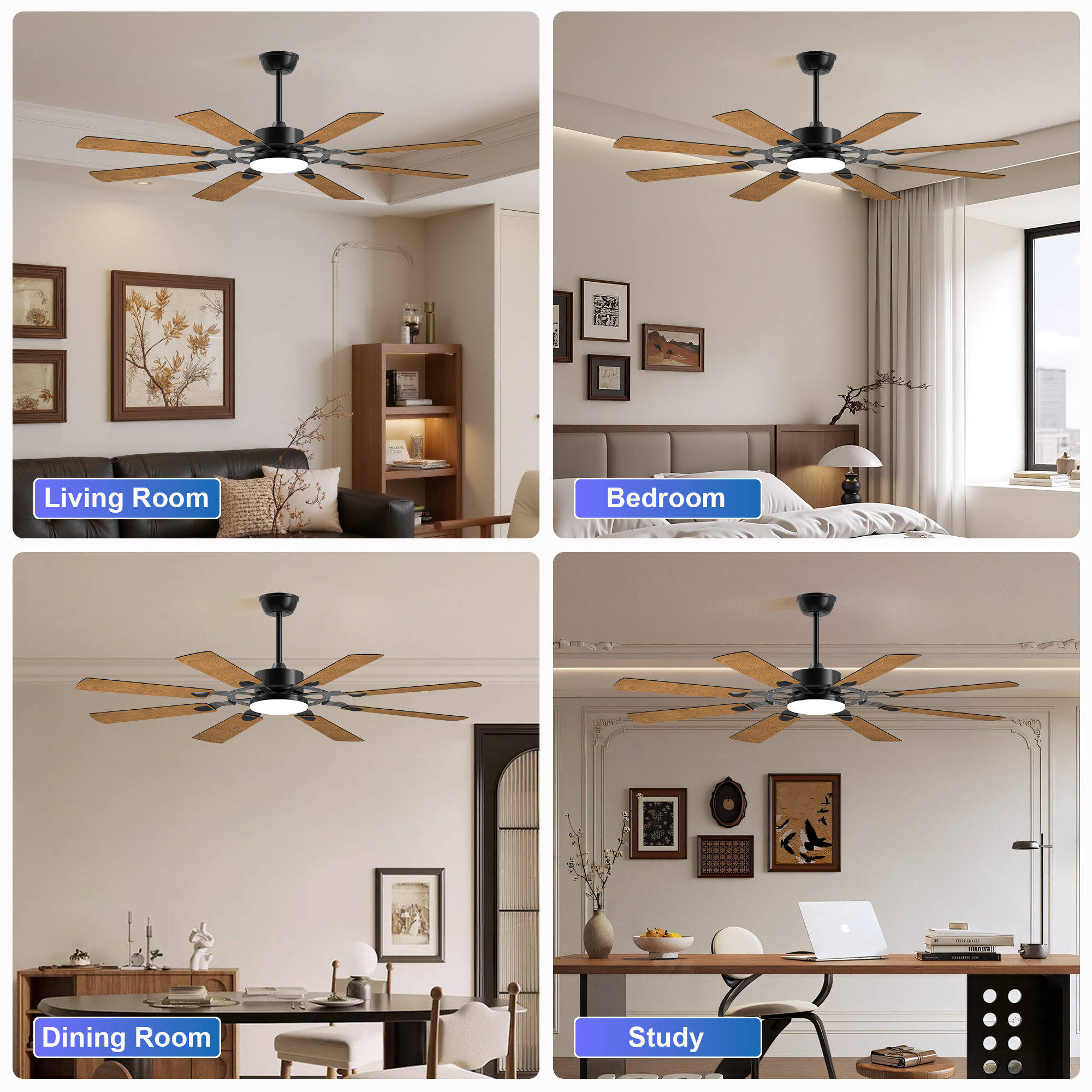 Leumius 60" Ceiling Fan with Lights and Remote Control, 8 Plywood Blades, 6-Speed Noiseless Reversible DC Motor, 3CCT, Windmill Ceiling fan for Kitchen Bedroom Living Room Black