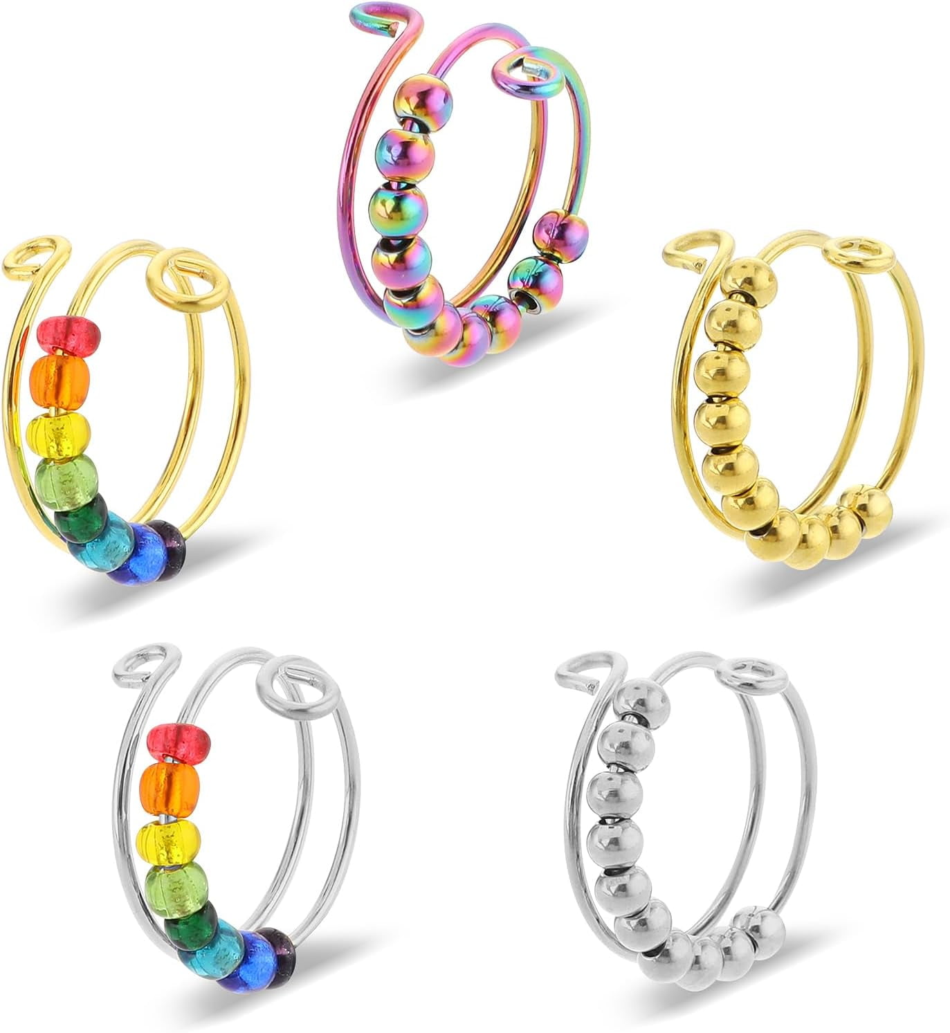 Pack De 4 Anillos Antiestrés Ajustables - Plata, Con Cuentas Giratorias, Regalo Para Mujeres Y Hombres