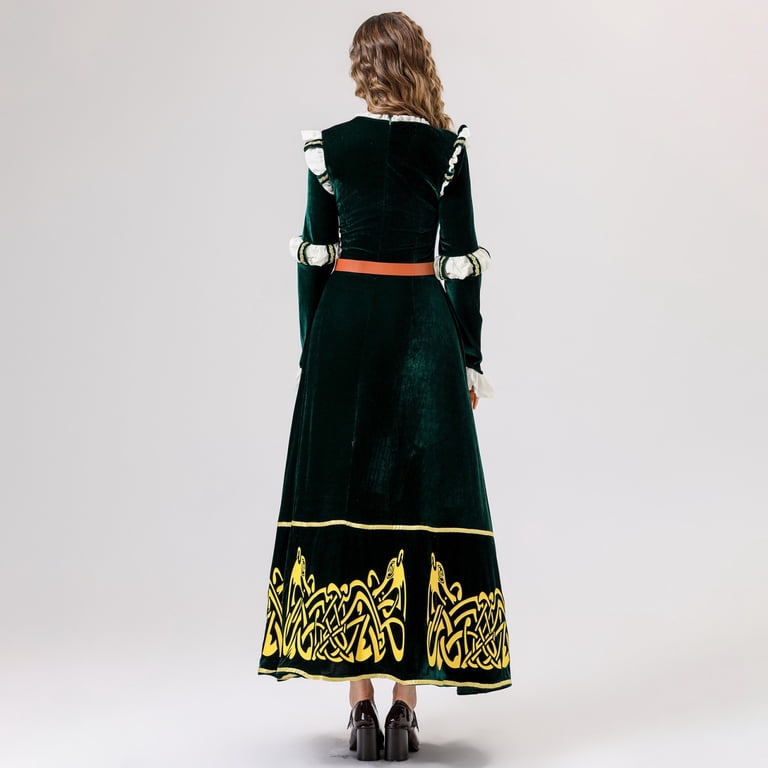 Emerald Velvet Medieval Gown for Women, Gold Embroidered V-Neck Halloween Dress with Ruffled Cuffs (1 PC) Dark Green XL