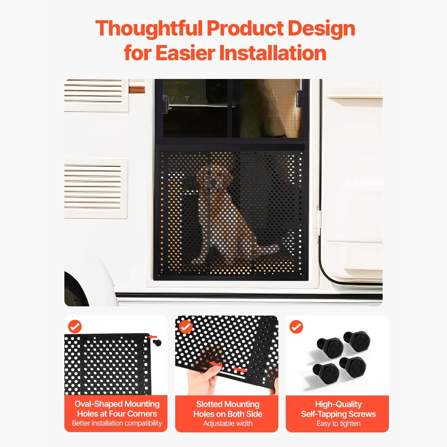 KFFKFF Adjustable RV Screen Door Protector, Fits 22 to 31.5 Inches, Durable Iron Door Grille with Honeycomb Design, Easy Installation, Breathable Entry Guard for Pet Safety, Black