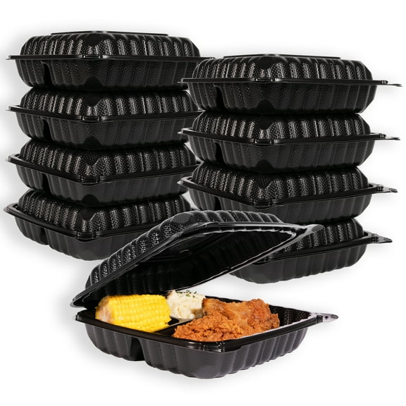MULMEHË Eco-Friendly Mineral Filled Polypropylene Plastic Hinged Take Out Food Containers, 9x9x3", Vented 3-Compartment, Black, 200 per Case