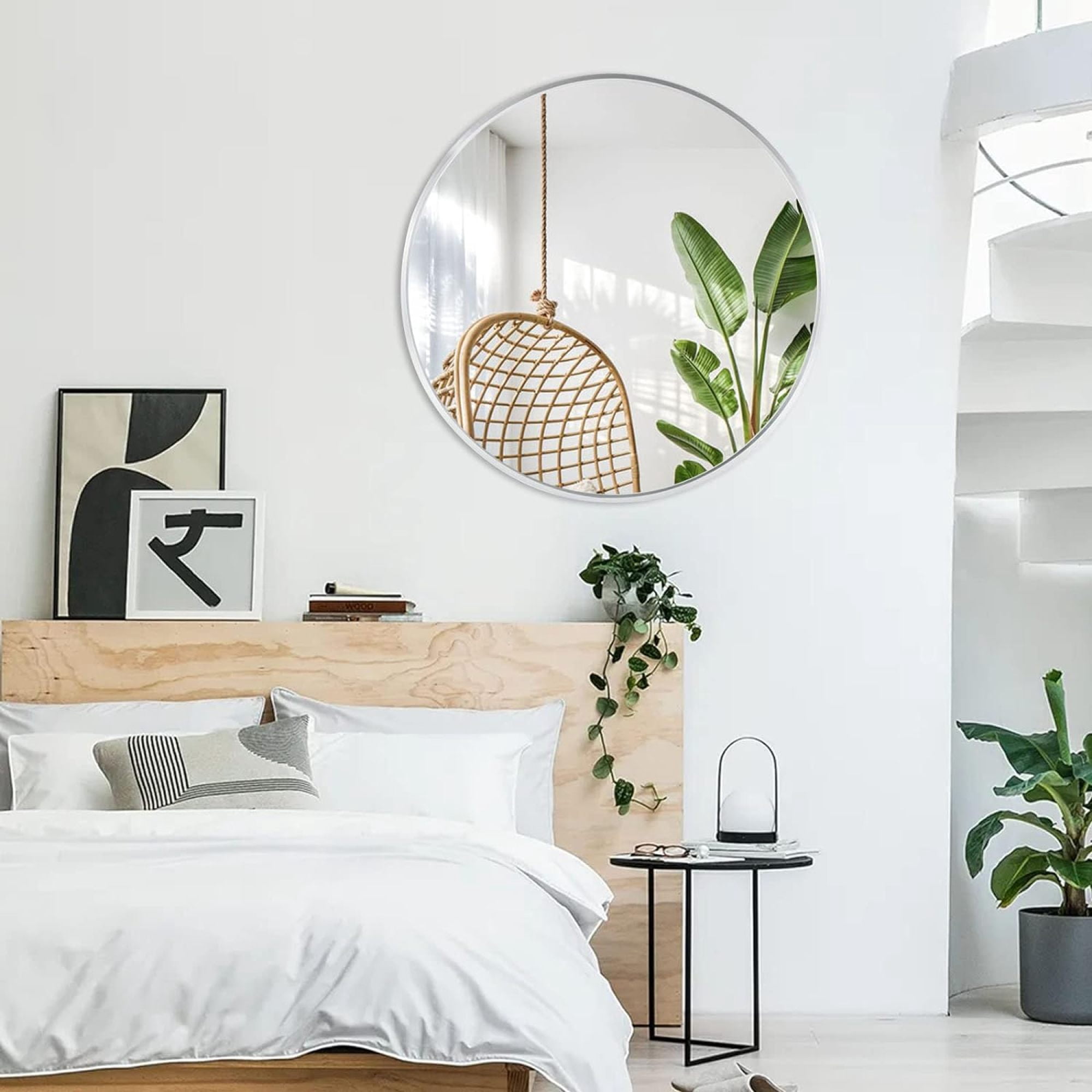 32" Round Wall Mirror,Modern Circle Mirror Hanging or Wall Mounted,Silver