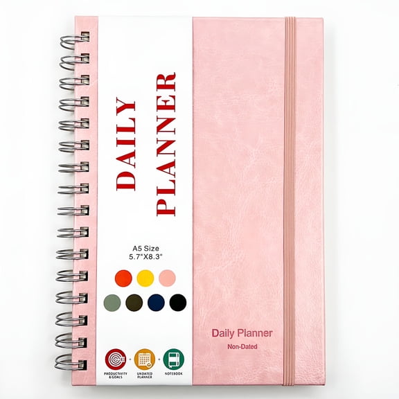 CCOCC 5 Subject Notebook,A5 Spiral Planner with Inner Pockets - PU Leather Hardcover Undated Daily Planner Notebook for Work,School & Home,Productivity Organizer with To-Do List & Hourly Schedule